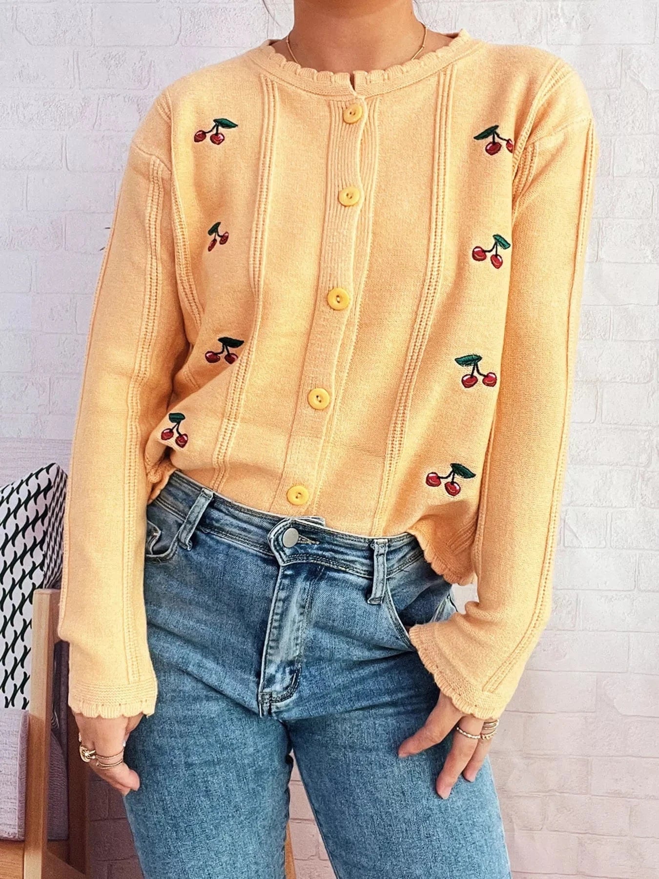 Cherry Embroidered Button Up Cardigan - Fashorio
