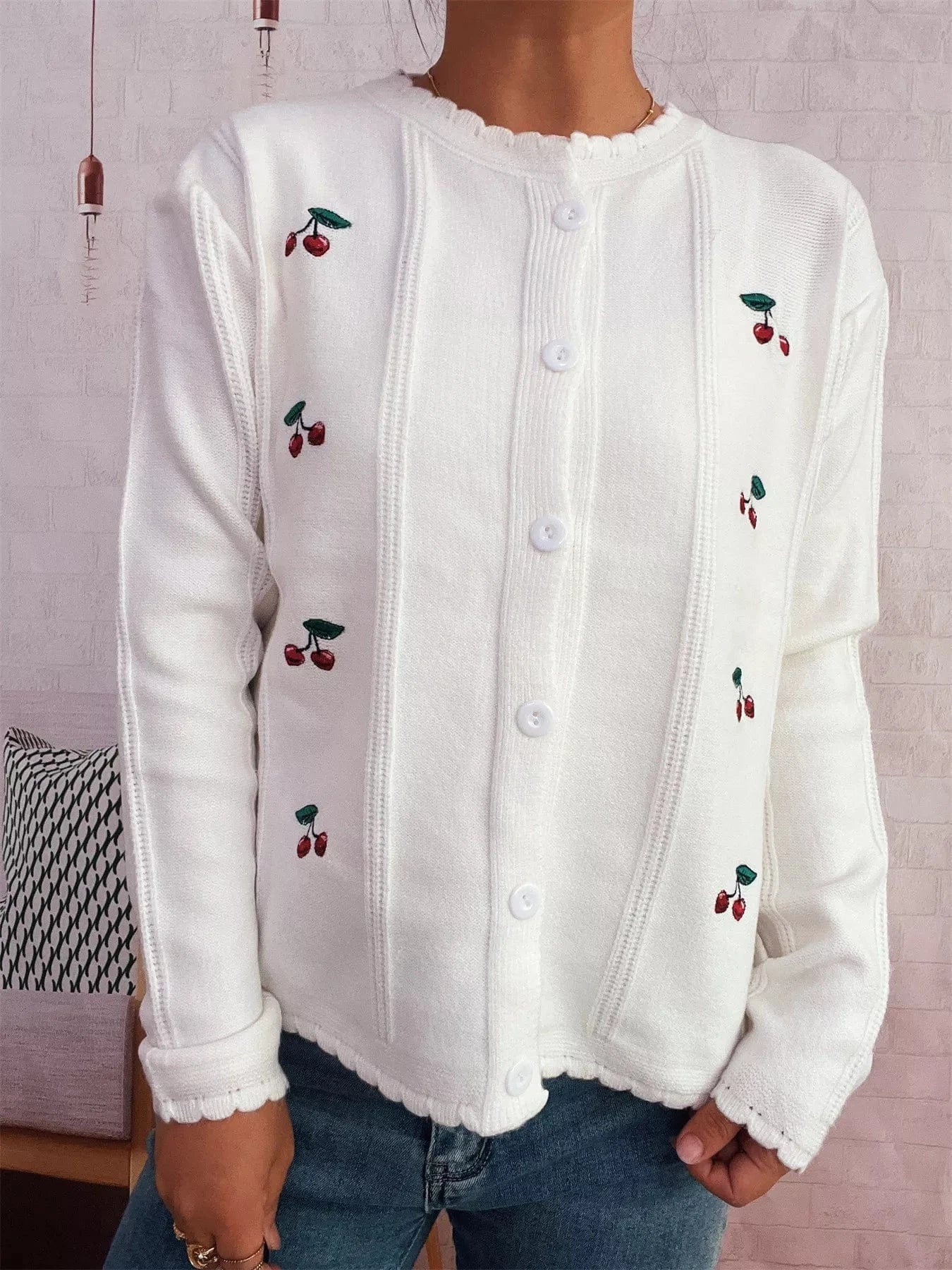 Cherry Embroidered Button Up Cardigan - Fashorio