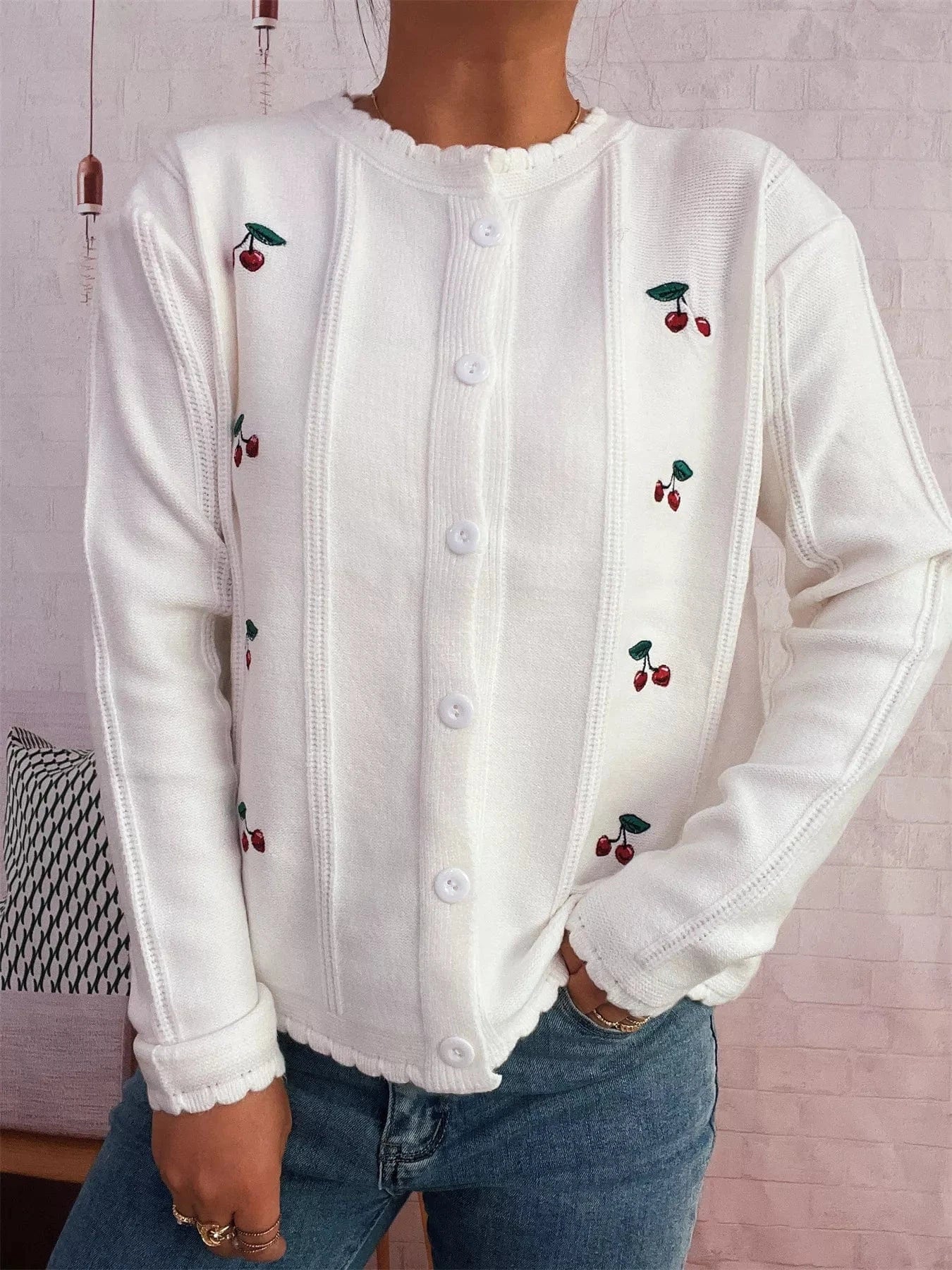 Cherry Embroidered Button Up Cardigan - Fashorio
