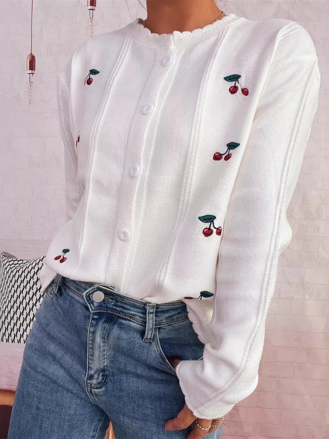 Cherry Embroidered Button Up Cardigan - Fashorio