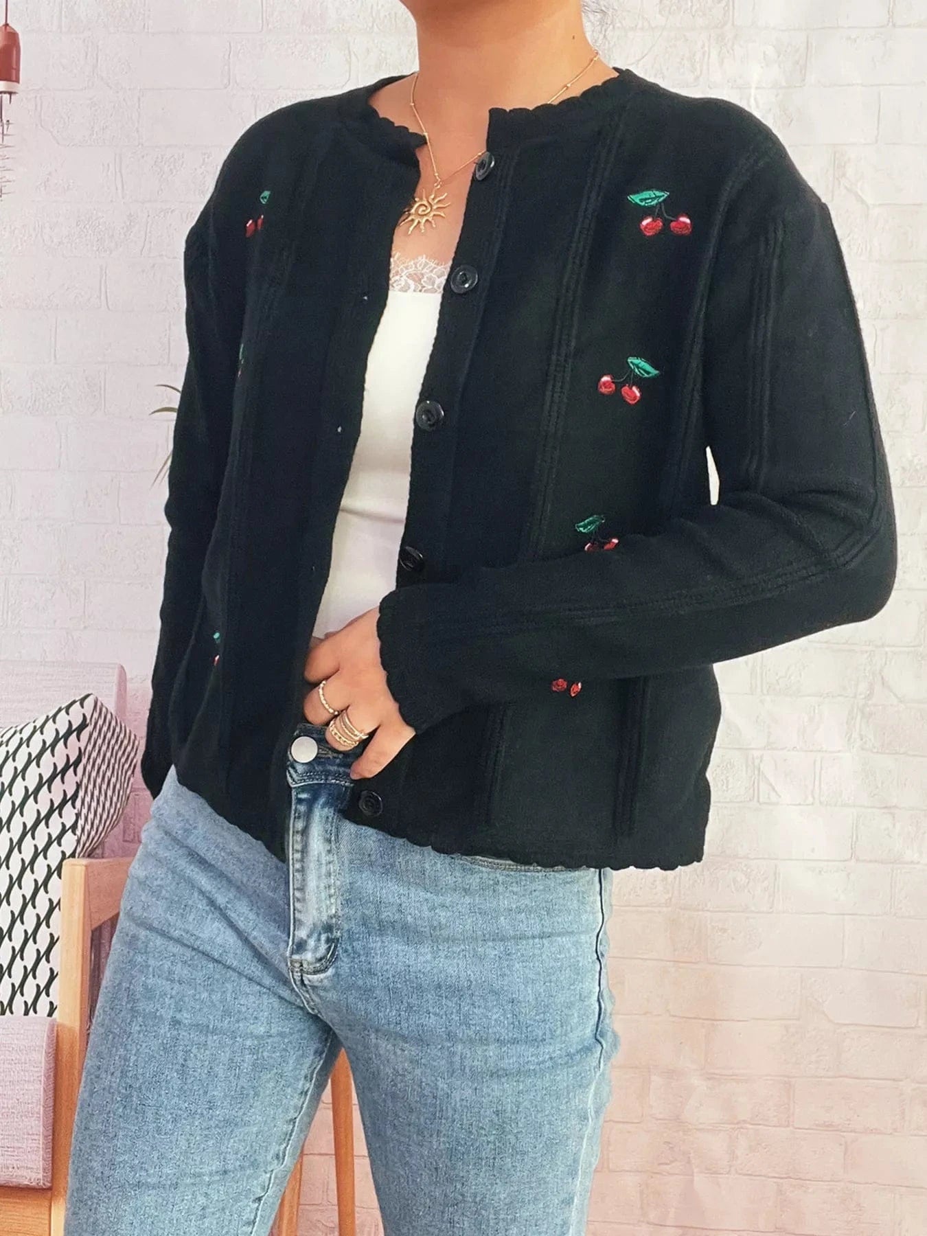 Cherry Embroidered Button Up Cardigan - Fashorio