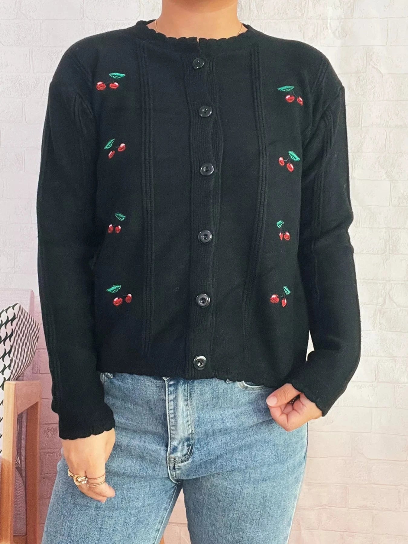 Cherry Embroidered Button Up Cardigan - Fashorio