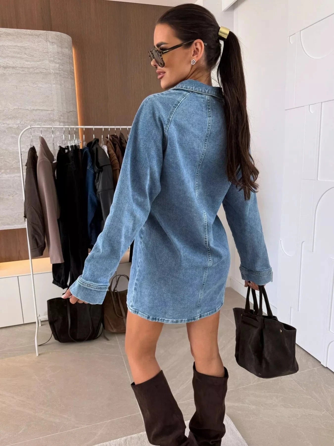 Collared Neck Long Sleeve Denim Dress - Fashorio