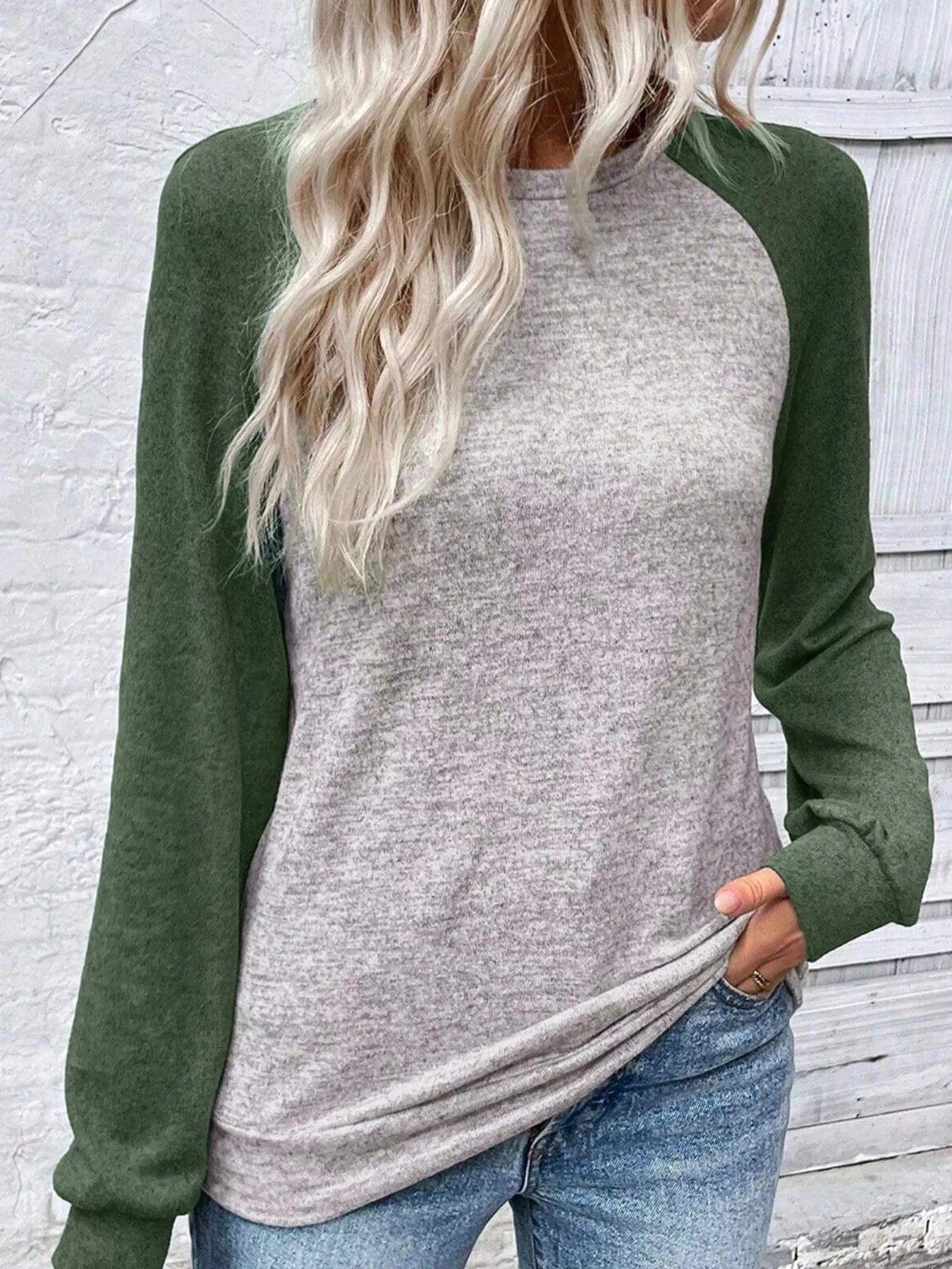 Color Block Raglan Long Sleeve T Shirt - Fashorio