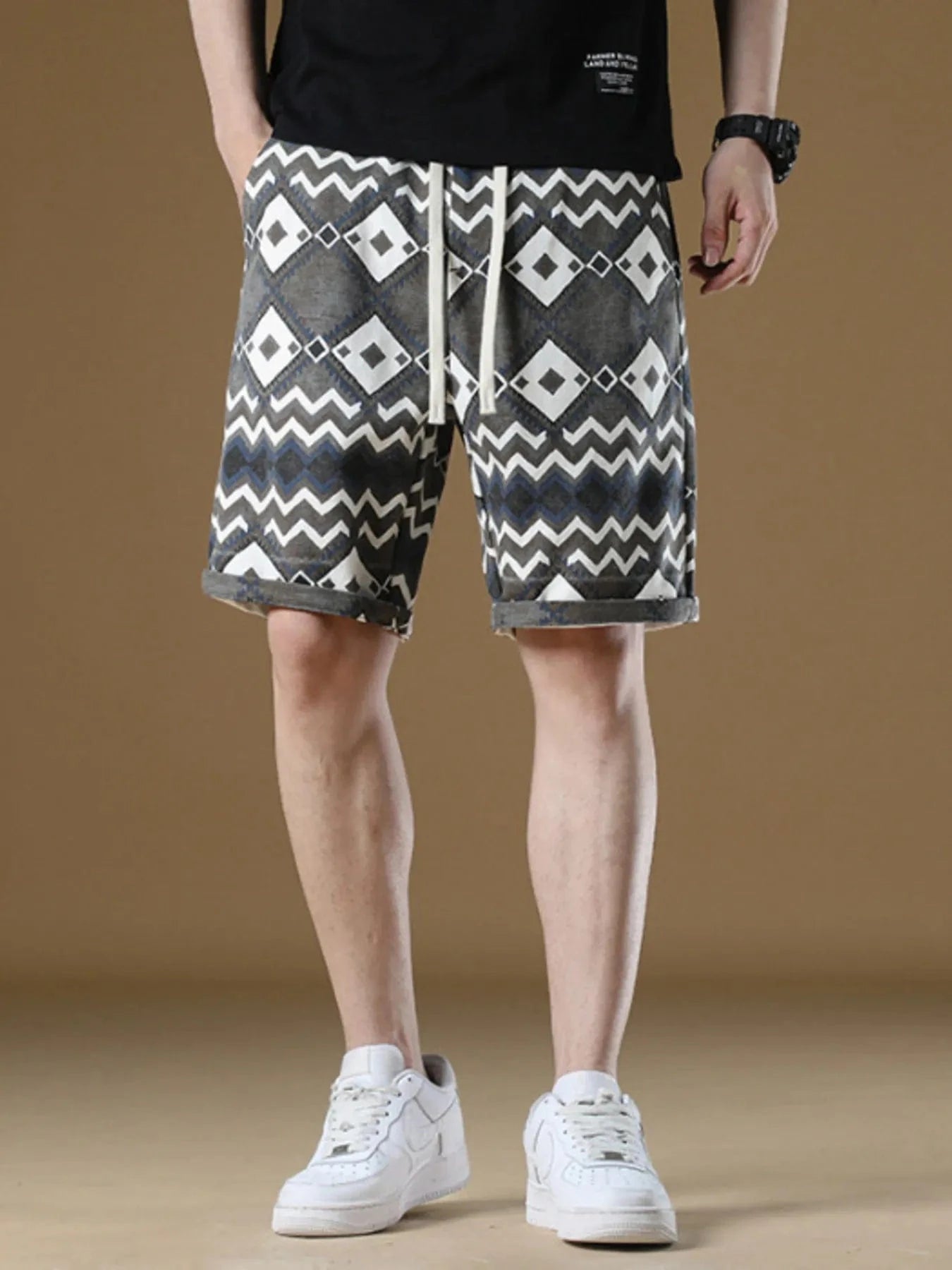 Men's Plus Size Geometric Pattern Drawstring Casual Shorts Color - Fashorio