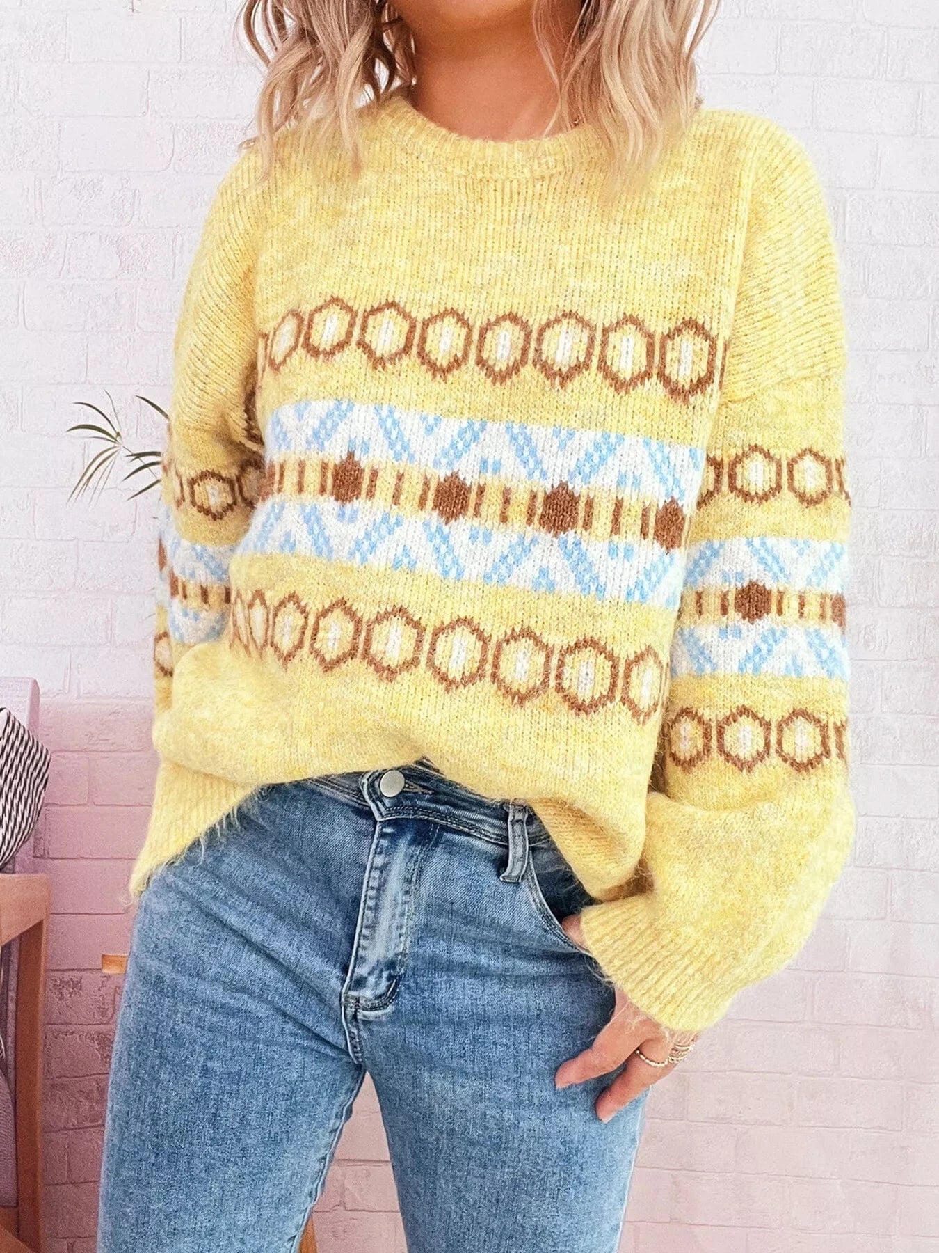 Contrast Round Neck Drop Shoulder Sweater - Fashorio