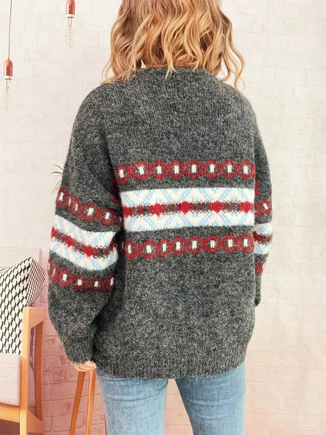 Contrast Round Neck Drop Shoulder Sweater - Fashorio