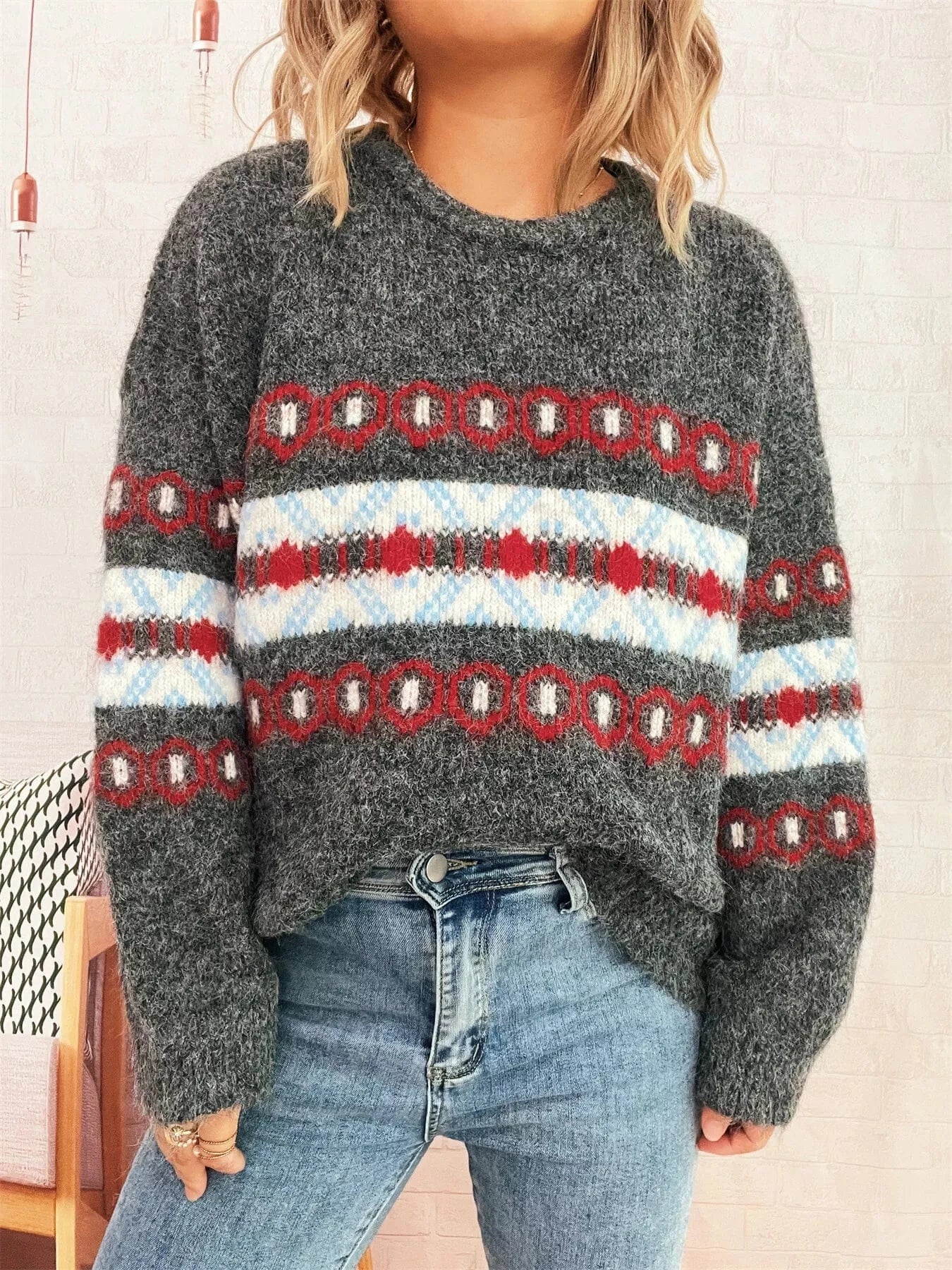 Contrast Round Neck Drop Shoulder Sweater - Fashorio