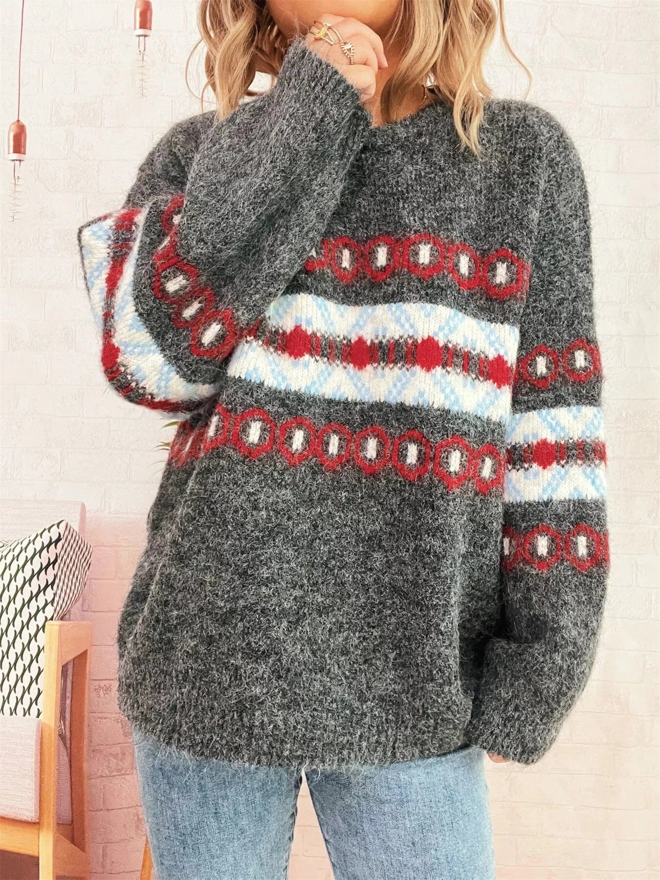 Contrast Round Neck Drop Shoulder Sweater - Fashorio