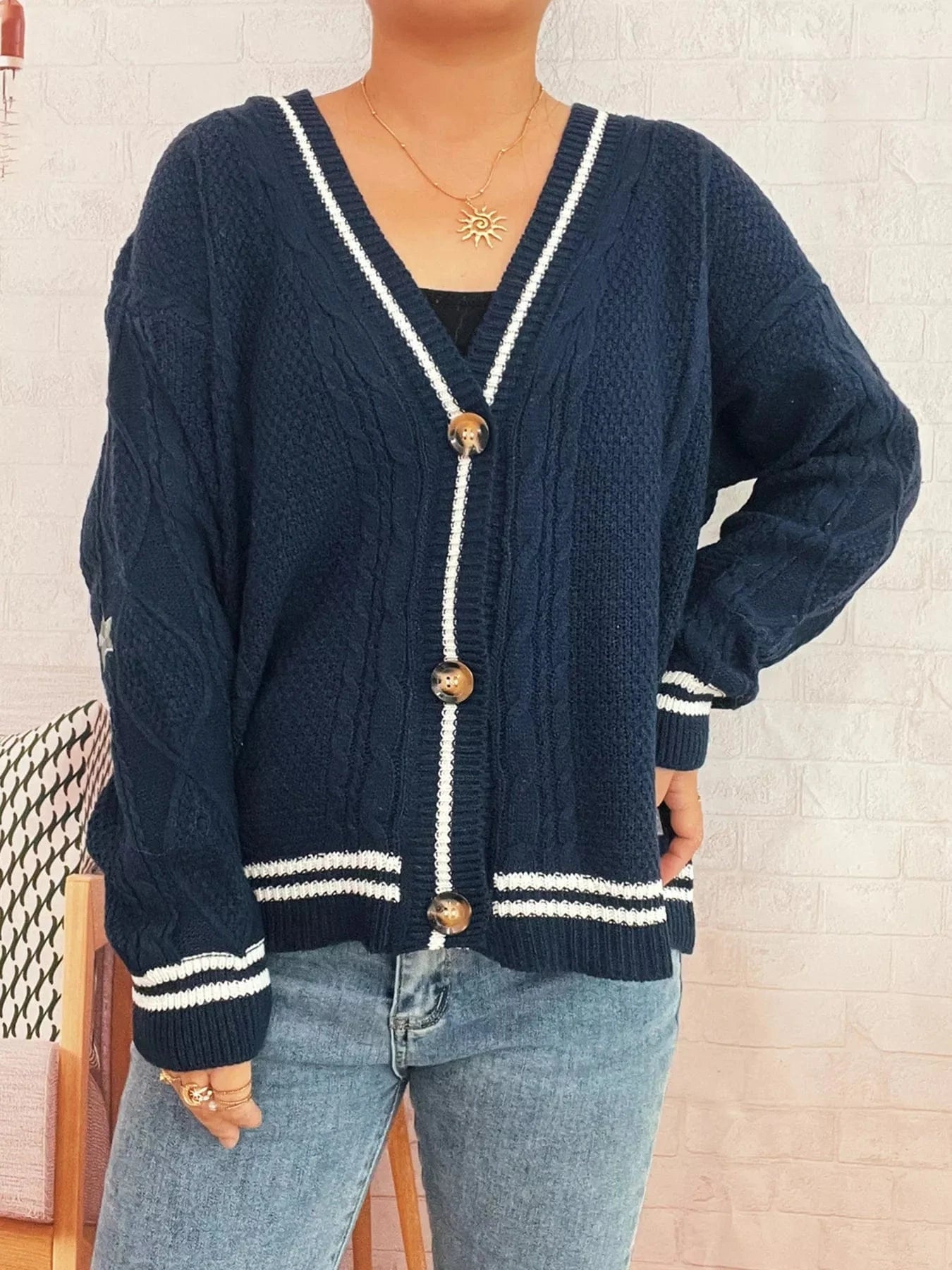 Star Pattern Button-Up Cardigan with Contrast Trim Dark Blue One Size - Fashorio