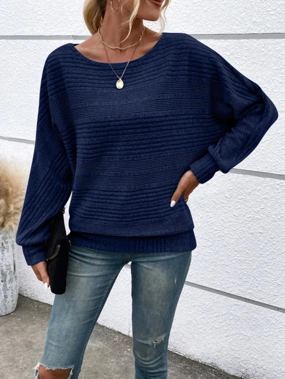 Full Size Round Neck Long Sleeve Top Dark Blue - Fashorio