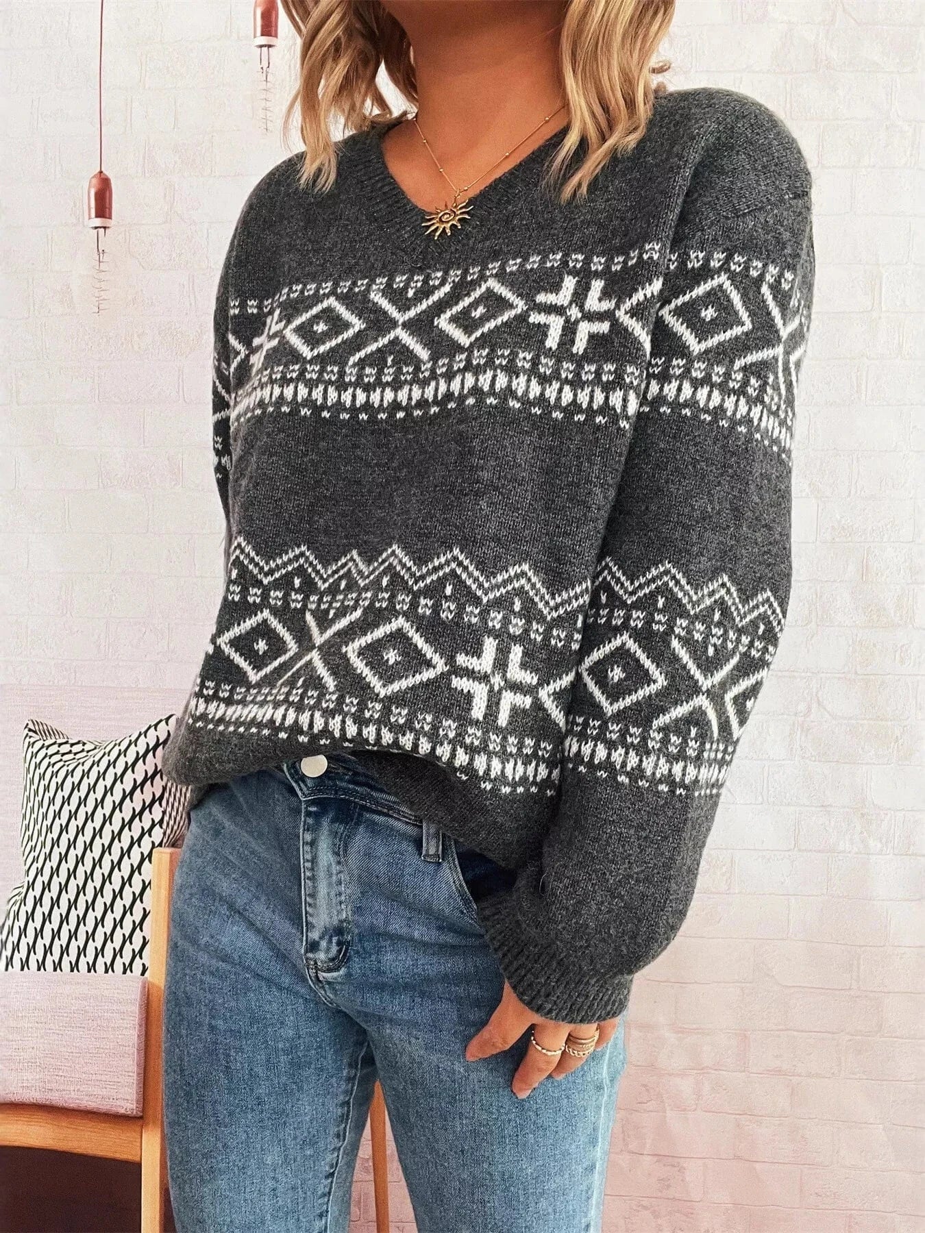 Geometric Dropped Shoulder Long Sleeve Sweater Dark Gray One Size - Fashorio