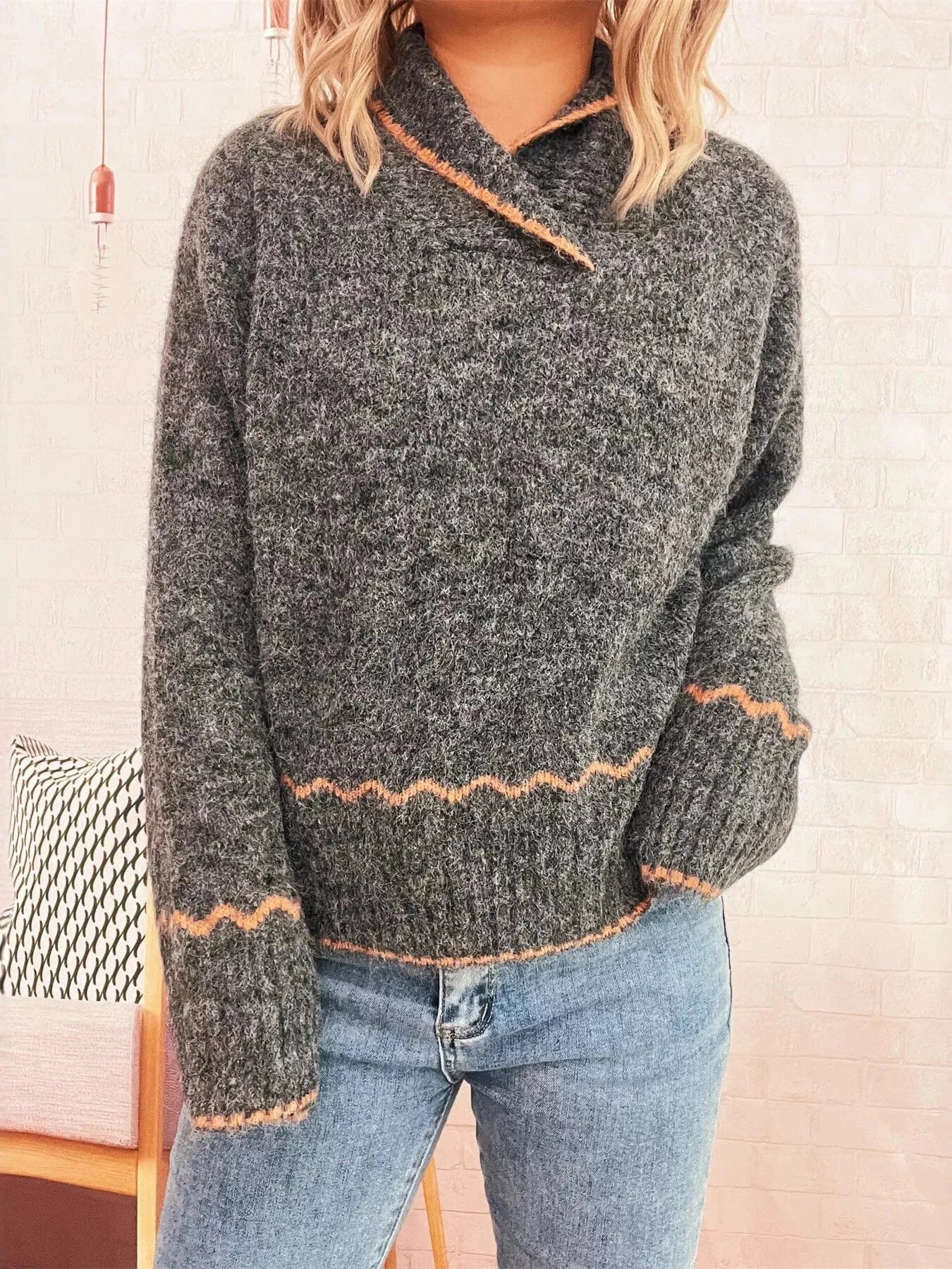 Ribbed Contrast Trim Long Sleeve Sweater Dark Gray One Size - Fashorio