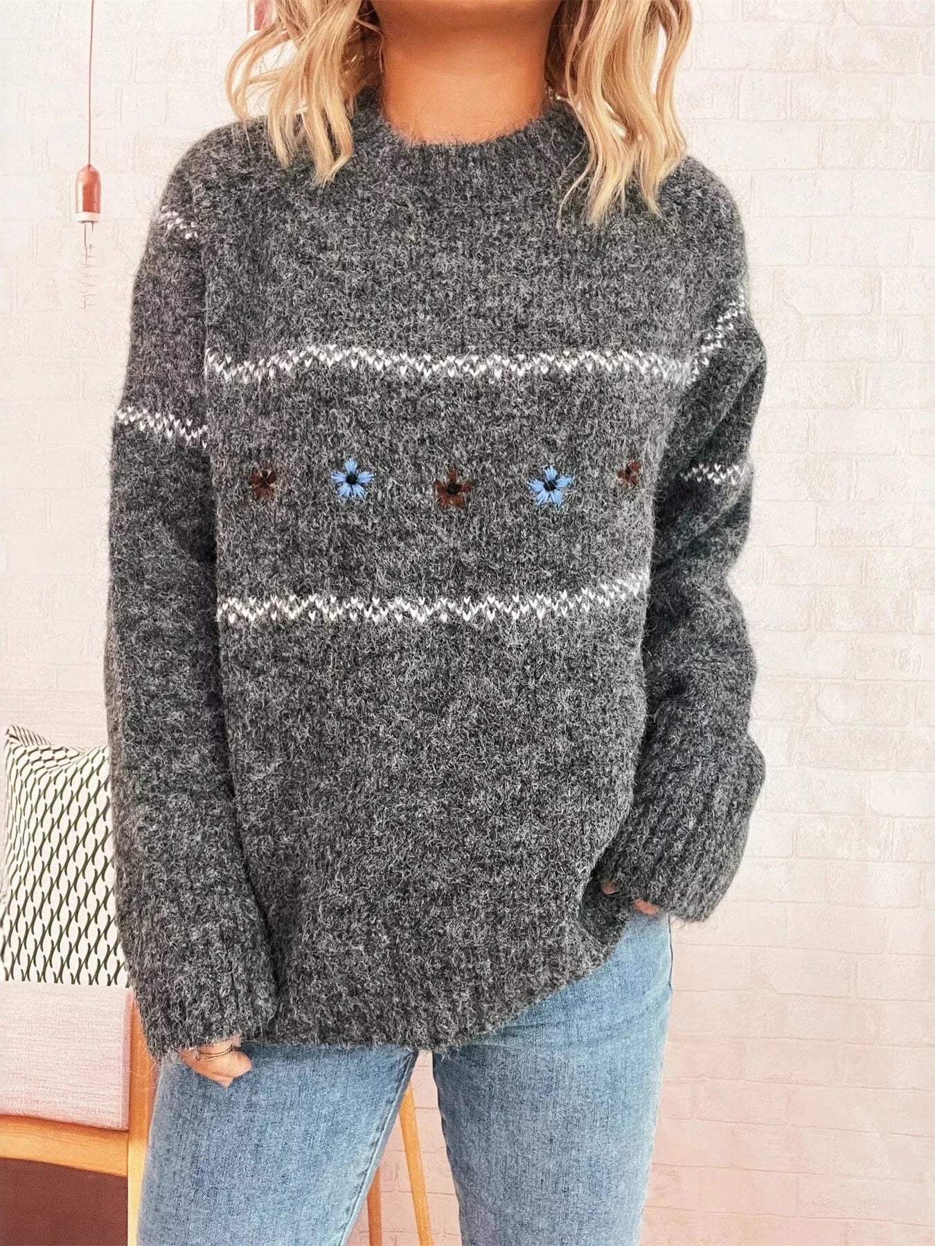 Ribbed Hem Flower Long Sleeve Sweater Dark Gray One Size - Fashorio