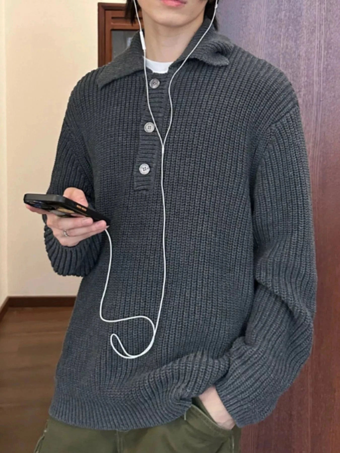 Men's Button Detail Long Sleeve Sweater Dark Gray - Fashorio
