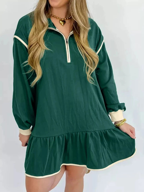 Ruffled Hem Drop Shoulder Mini Dress – Soft Cotton Blend Style Dark Green - Fashorio