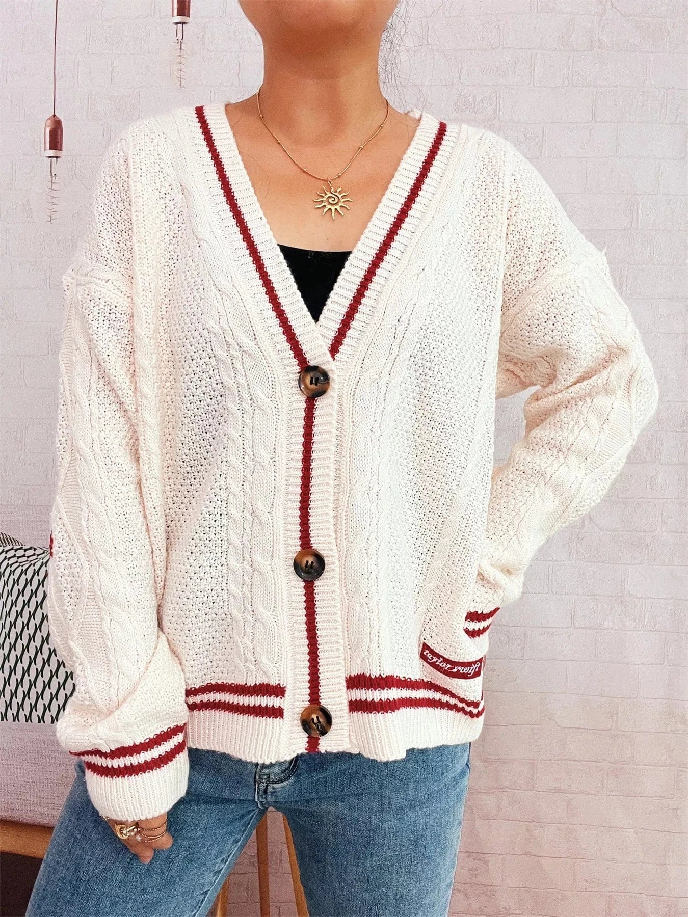 Star Pattern Button-Up Cardigan with Contrast Trim Deep Red One Size - Fashorio