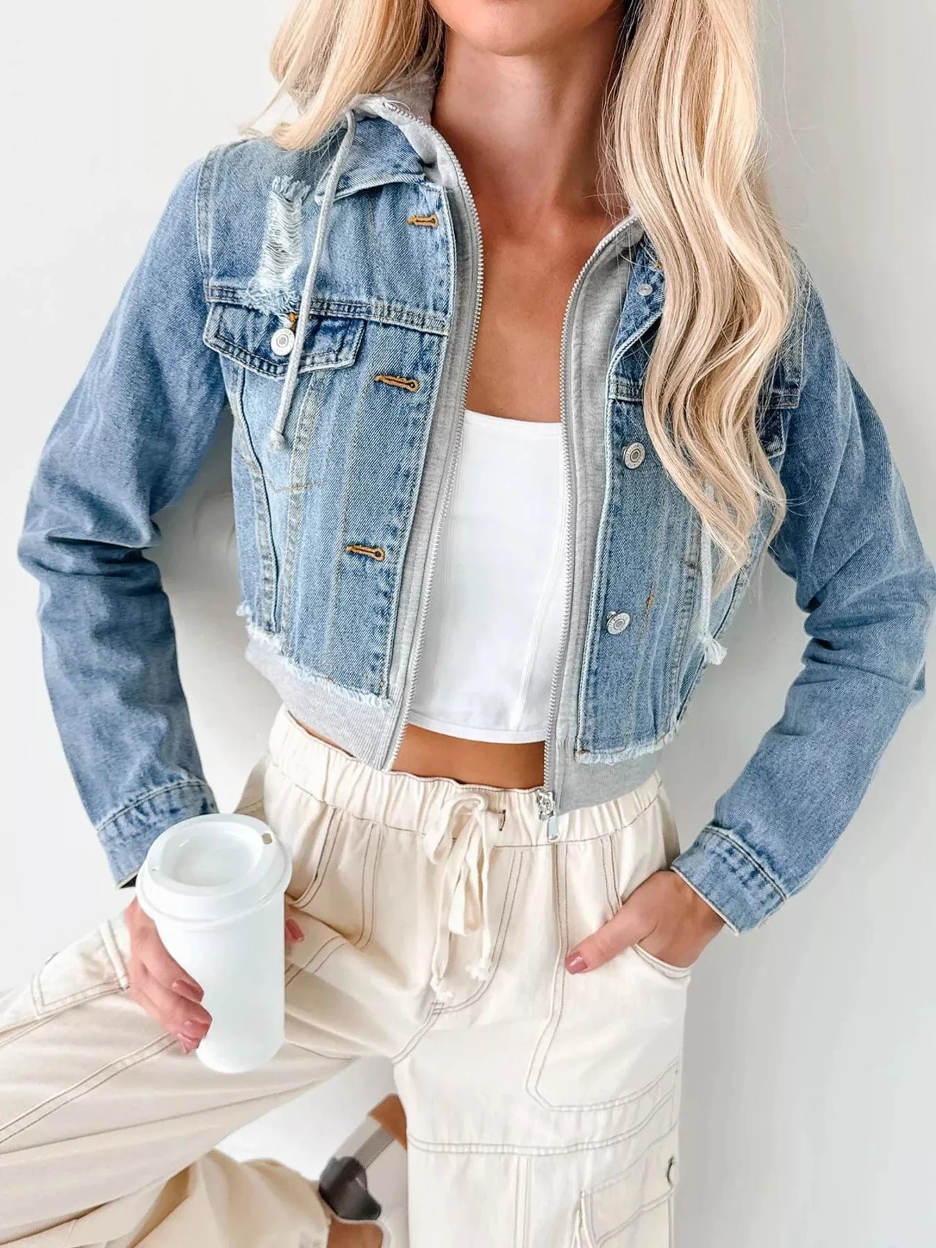 Distressed Zip Up Cropped Hooded Denim Jacket - Fashorio