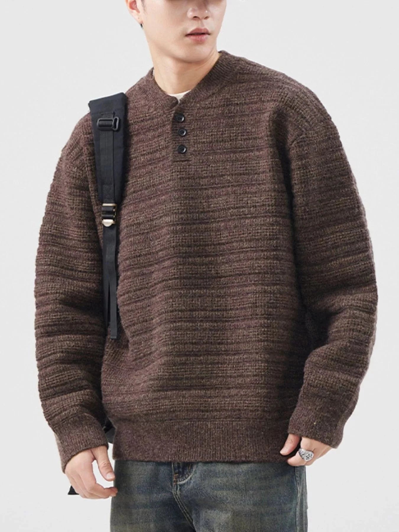 Men's Plus Size Button Detail Long Sleeve Sweater Floral Coffee Color - Fashorio