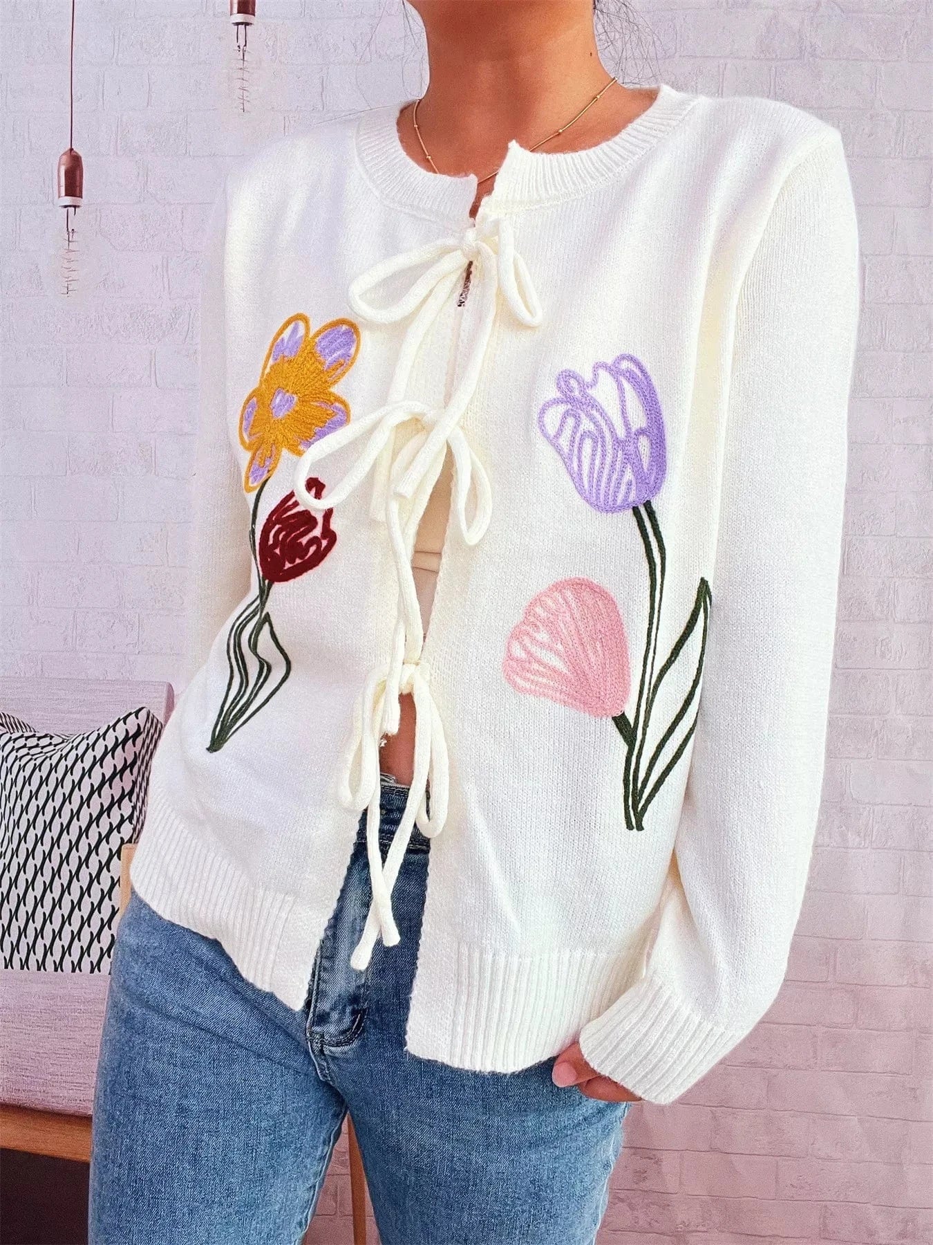 Floral Ribbed Hem Tie Front Cardigan - Fashorio