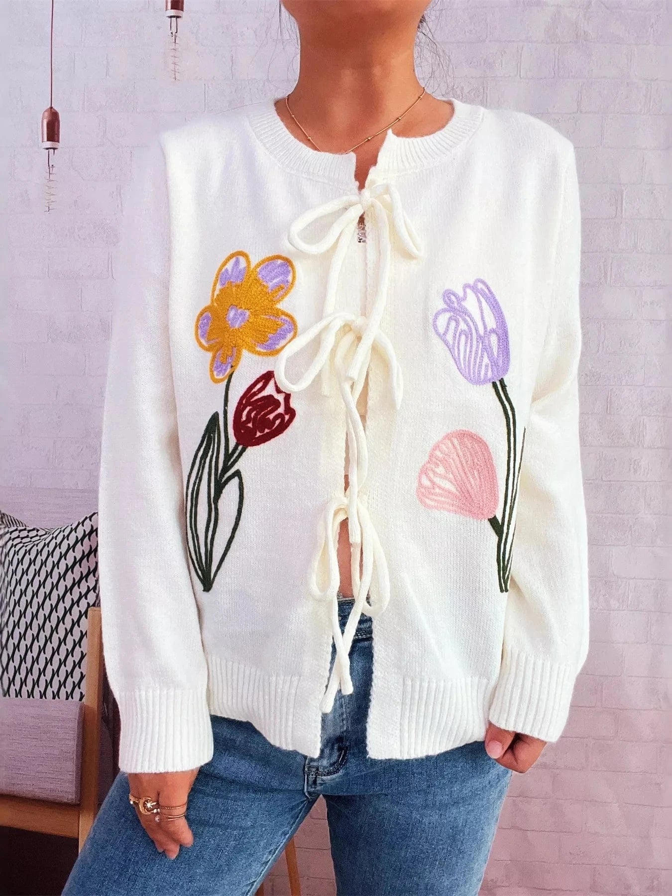 Floral Ribbed Hem Tie Front Cardigan - Fashorio