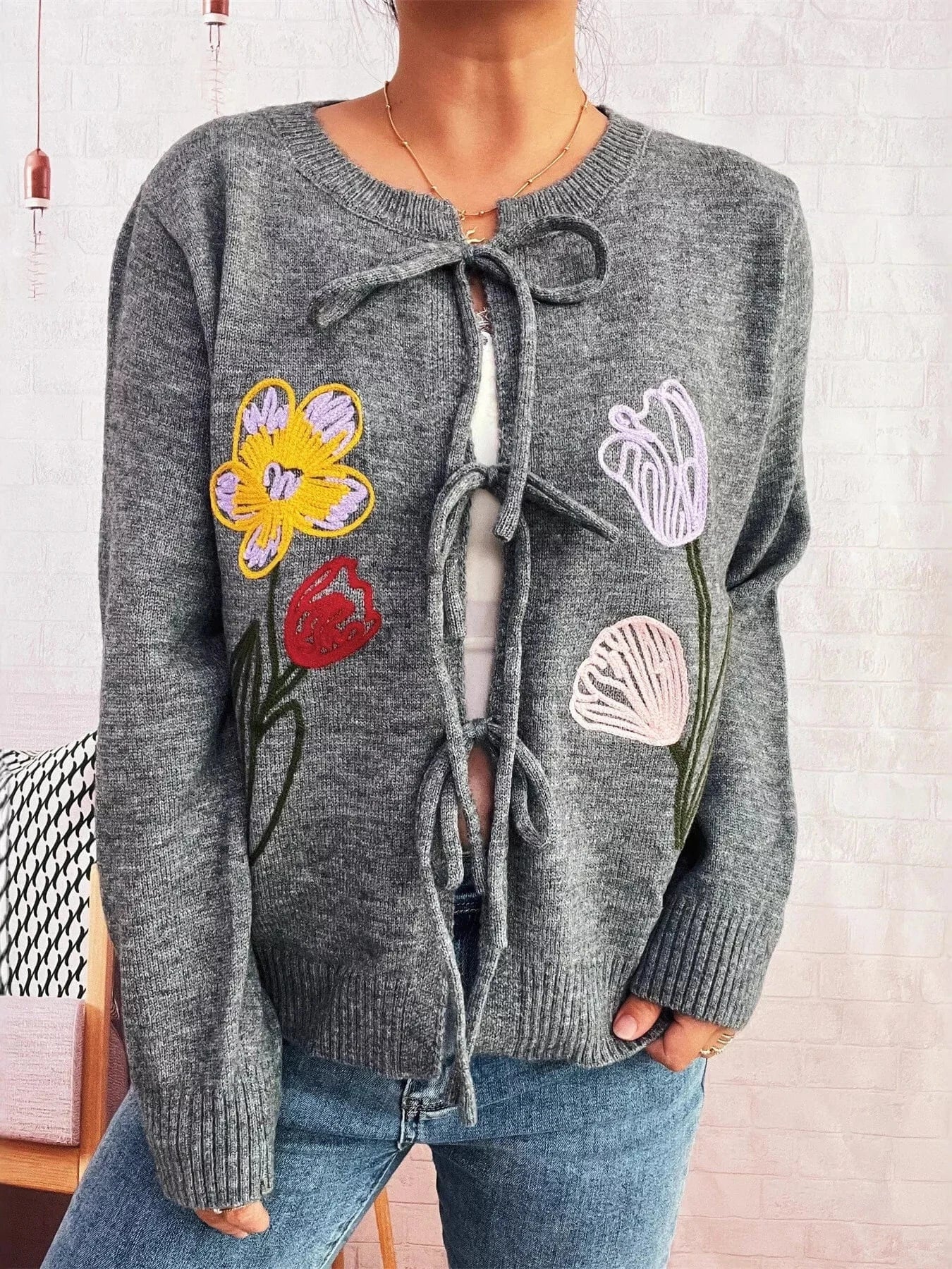 Floral Ribbed Hem Tie Front Cardigan - Fashorio