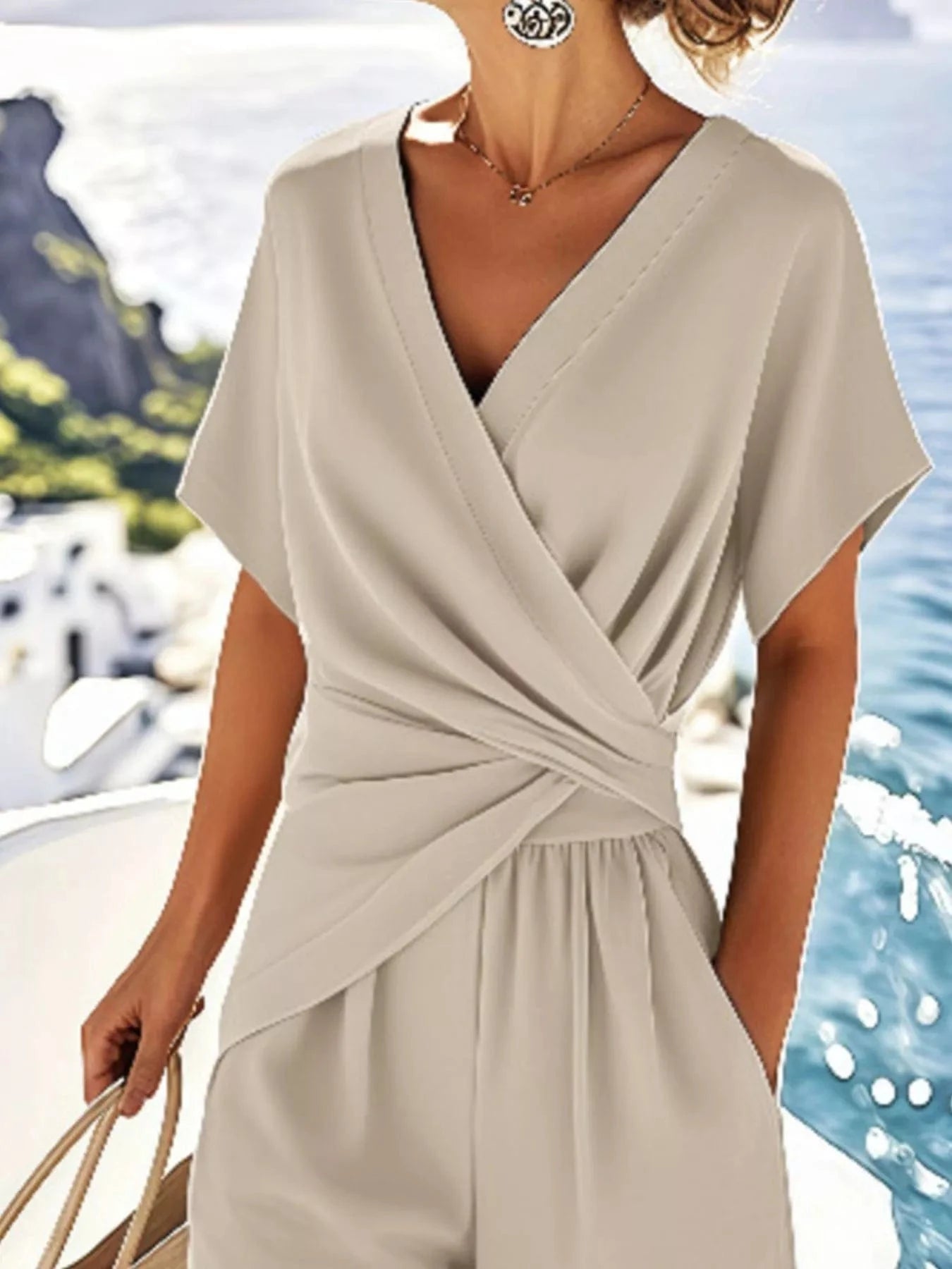 Full Size Surplice Short Sleeve Top and Pants Set Plus Size - Fashorio