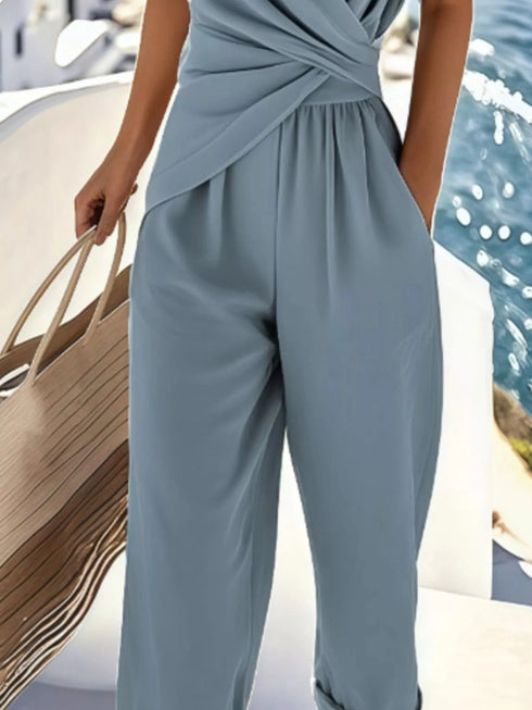 Full Size Surplice Short Sleeve Top and Pants Set Plus Size - Fashorio