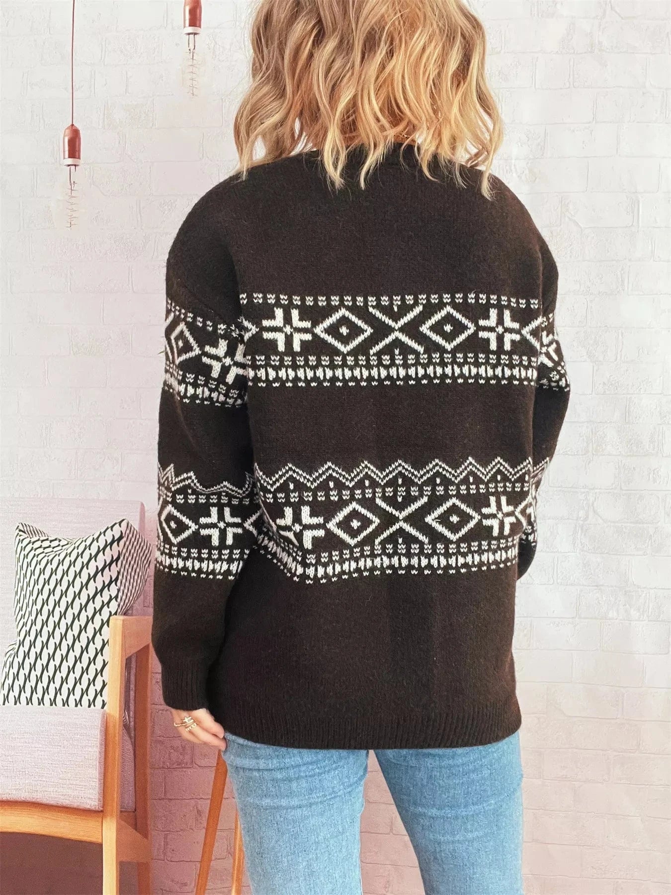 Geometric Dropped Shoulder Long Sleeve Sweater - Fashorio