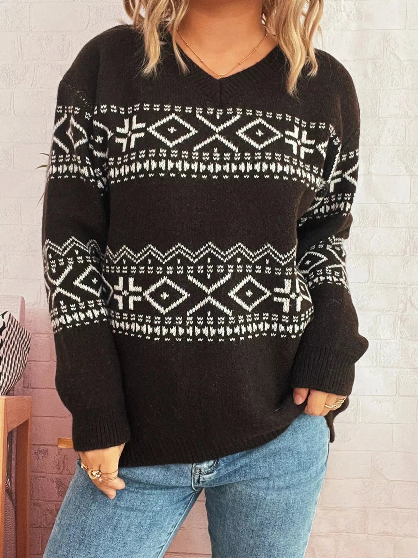 Geometric Dropped Shoulder Long Sleeve Sweater - Fashorio