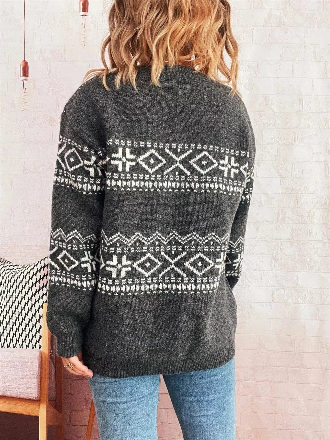 Geometric Dropped Shoulder Long Sleeve Sweater - Fashorio