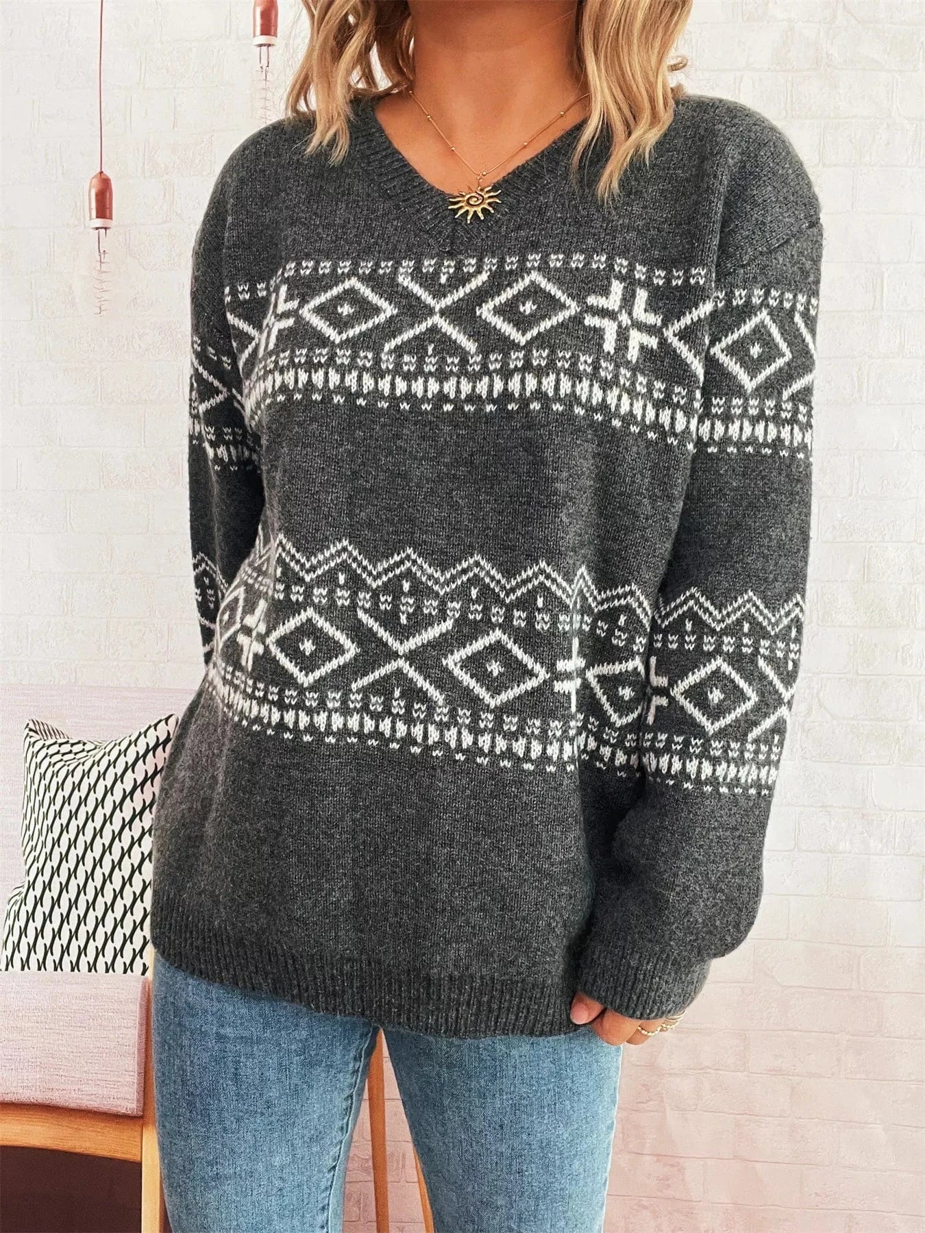 Geometric Dropped Shoulder Long Sleeve Sweater - Fashorio