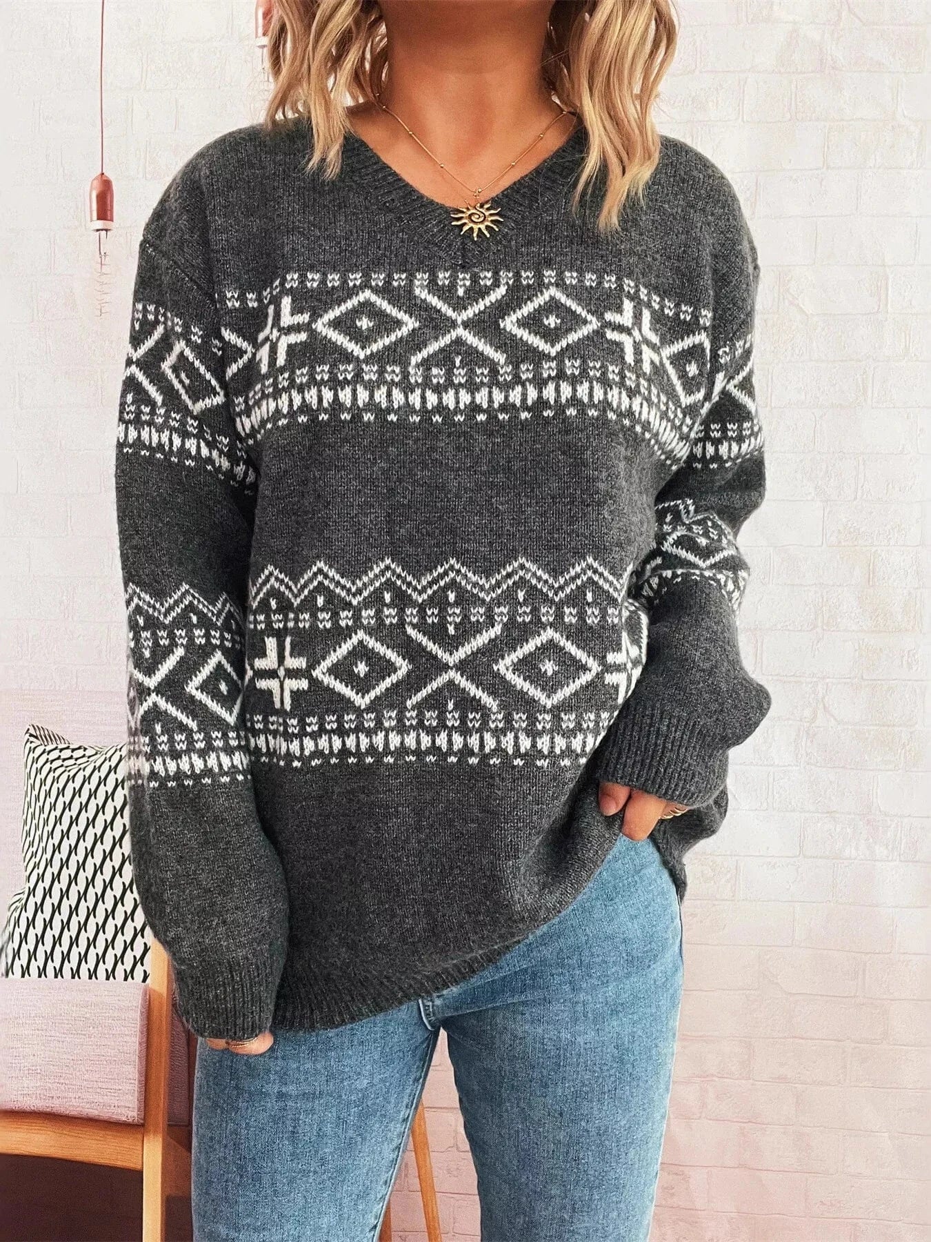 Geometric Dropped Shoulder Long Sleeve Sweater - Fashorio