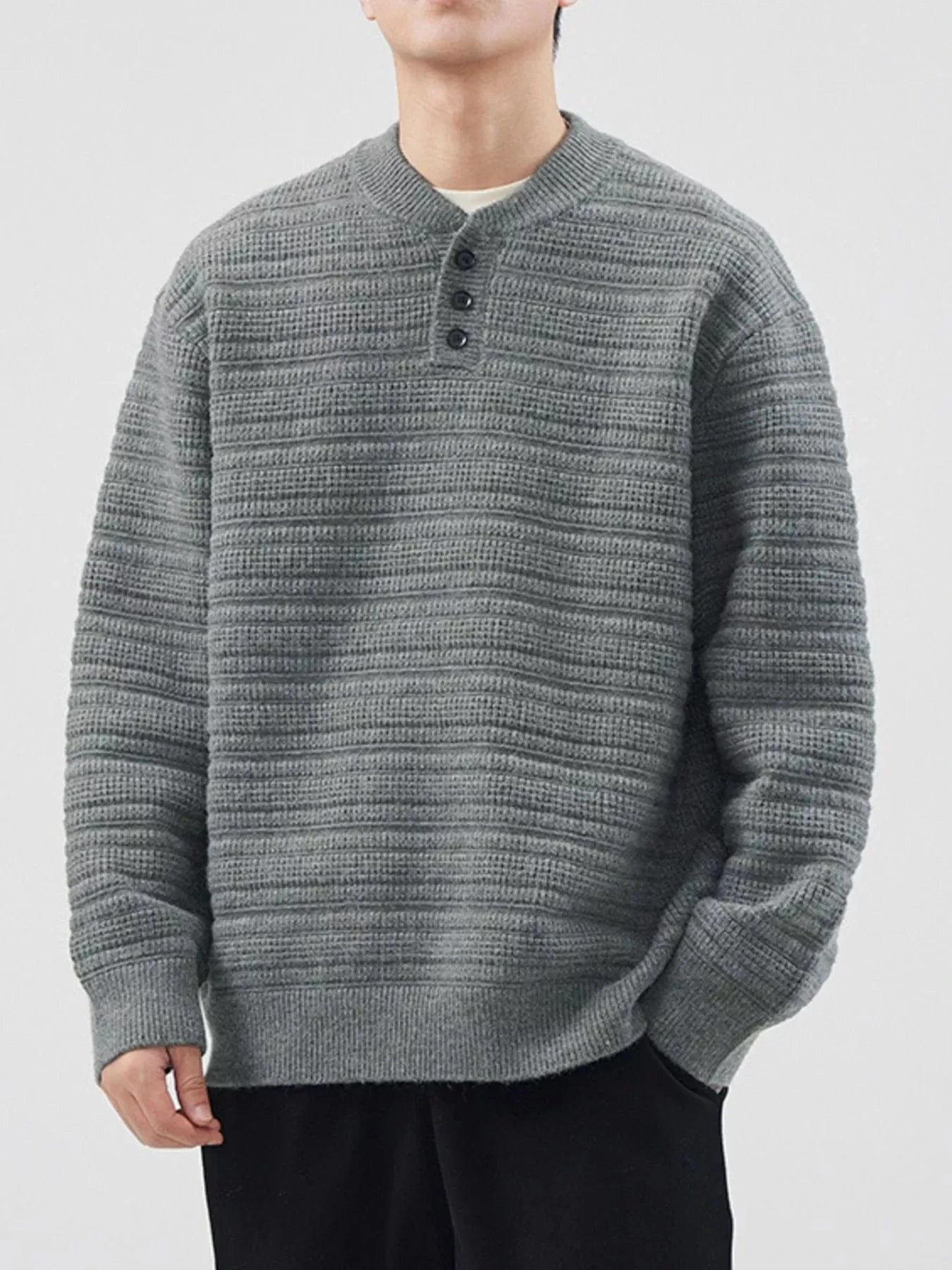 Men's Plus Size Button Detail Long Sleeve Sweater Gray Green - Fashorio