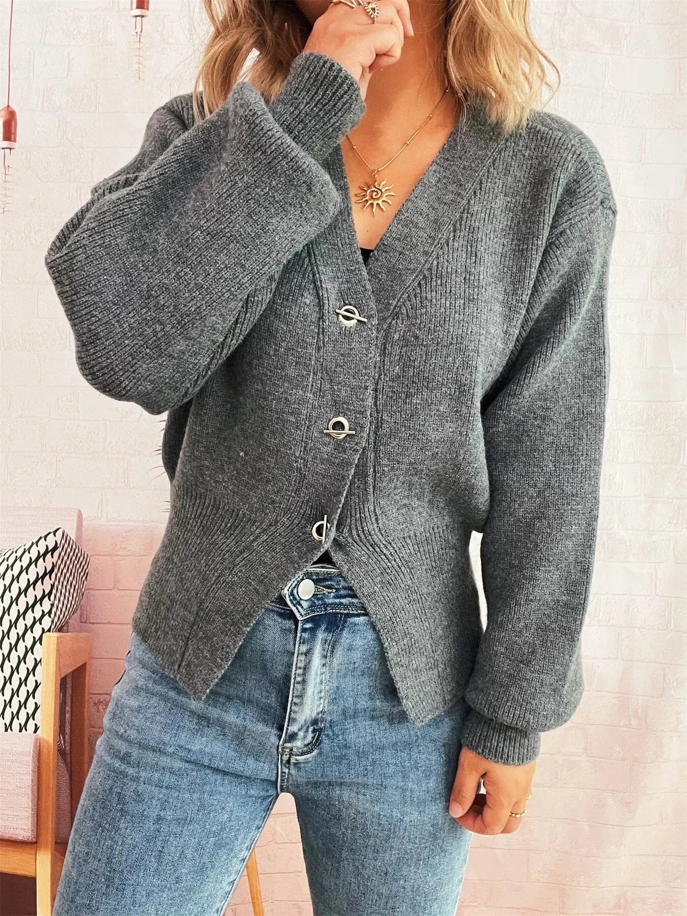 Button Up Long Sleeve Cardigan Gray One Size - Fashorio