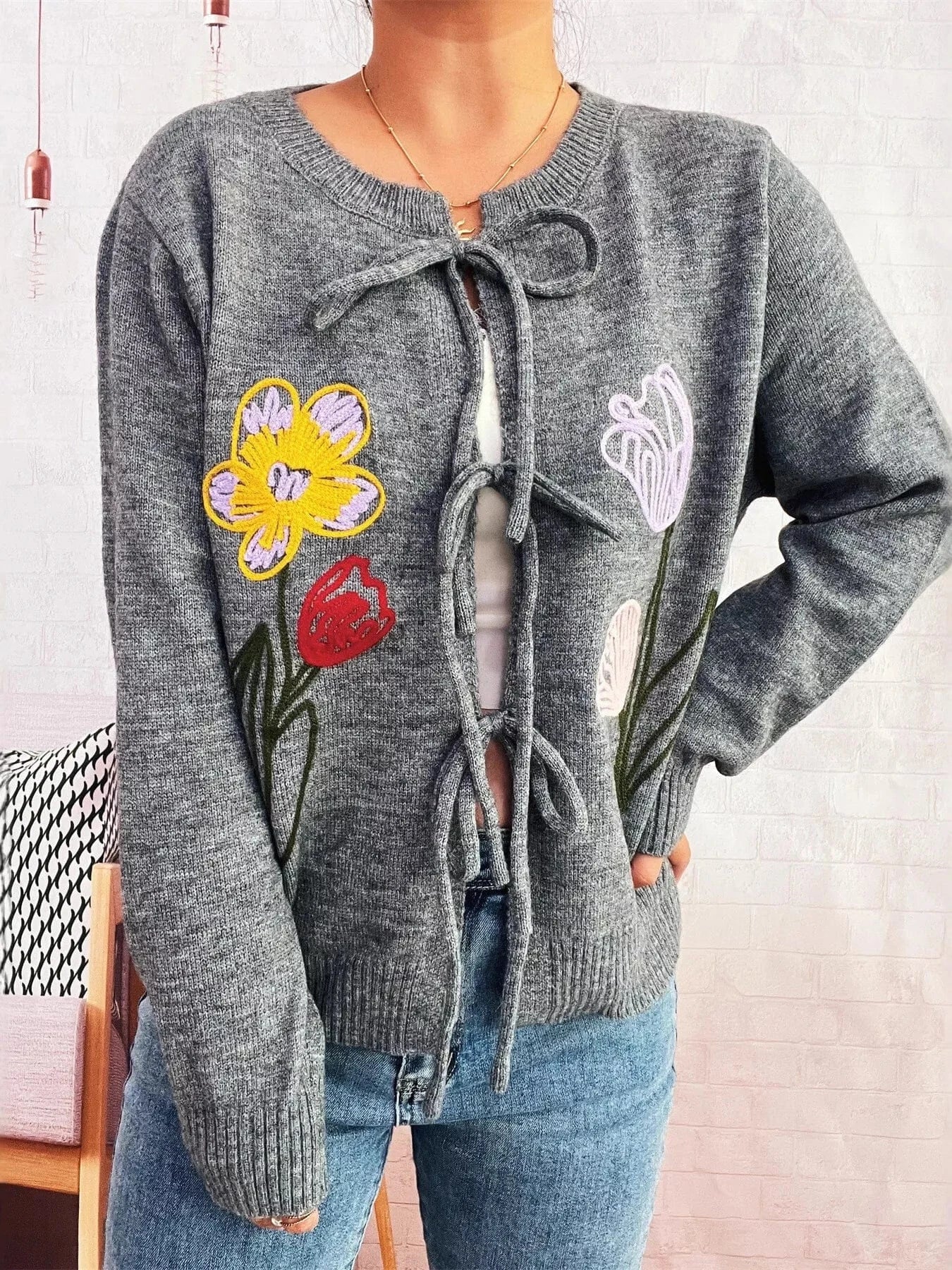 Floral Ribbed Hem Tie Front Cardigan Gray One Size - Fashorio