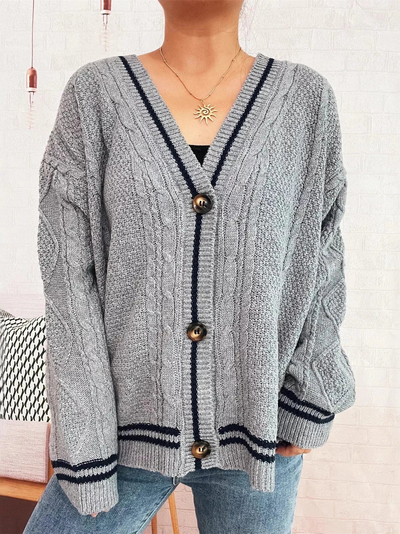 Star Pattern Button-Up Cardigan with Contrast Trim Gray One Size - Fashorio