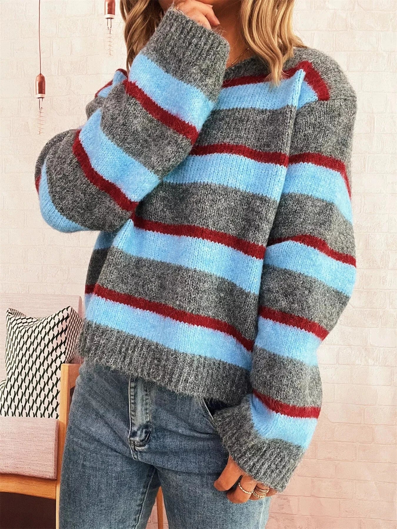 Striped Round Neck Long Sleeve Sweater Gray One Size - Fashorio