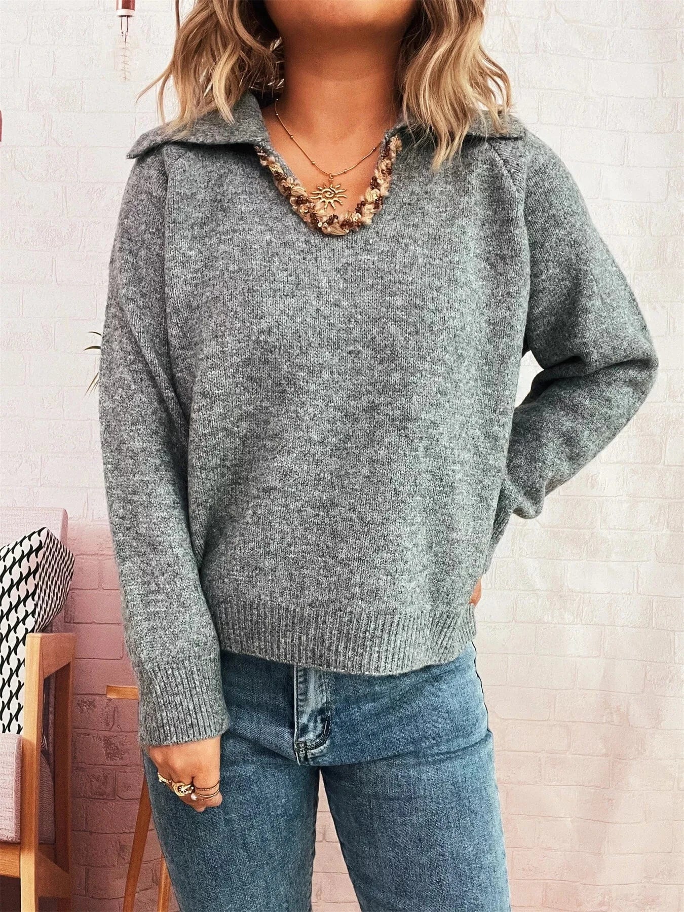 Ribbed Hem Raglan Sleeve Sweater Grey One Size - Fashorio