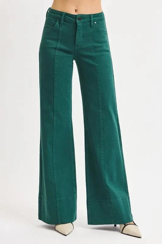 Plus Size Tummy Control Wide Leg Jeans – Mid Rise Stretch Denim Hunter green - Fashorio