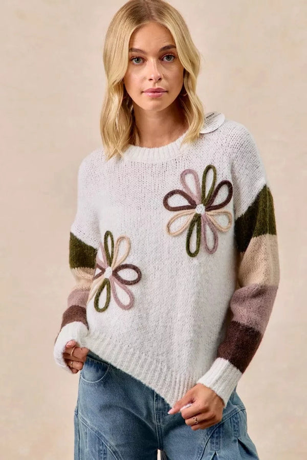 BiBi Flower Color Block Sweater IVORY COMBO - Fashorio