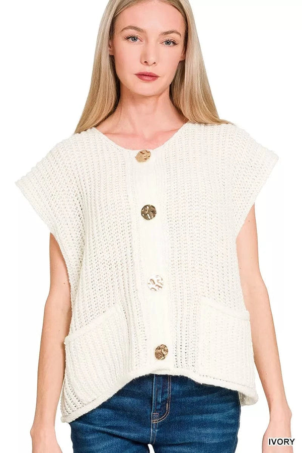 Zenana Button Down Sweater Vest with Front Pockets IVORY - Fashorio