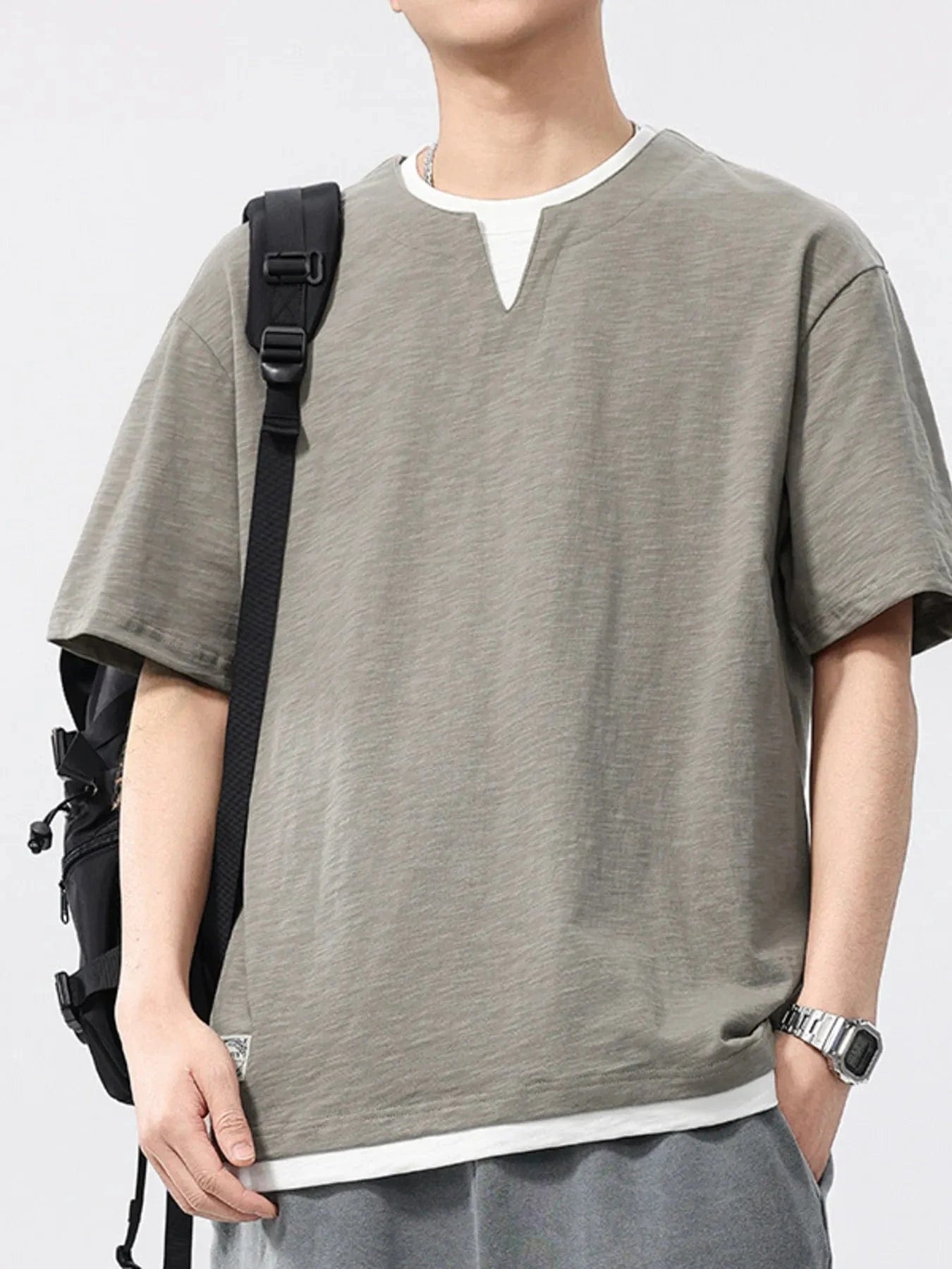 Men's Plus Size Round Neck Half Sleeve T-Shirt Khaki - Fashorio