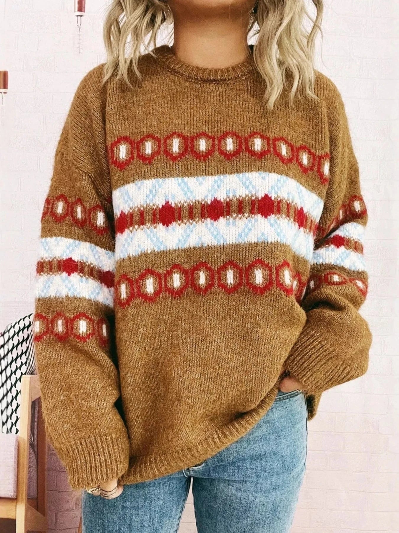 Contrast Round Neck Drop Shoulder Sweater Khaki One Size - Fashorio