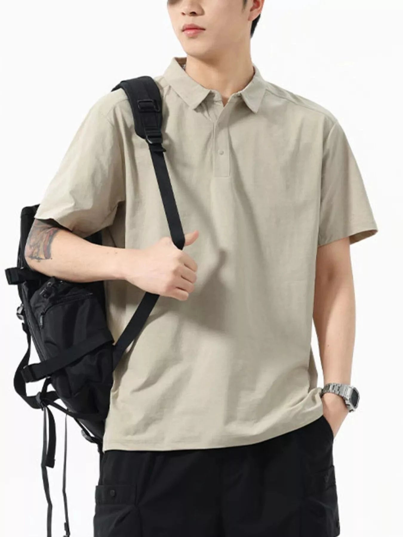 Men's Full Size Button Detail Short Sleeve Polo Plus Size Khaki - Fashorio