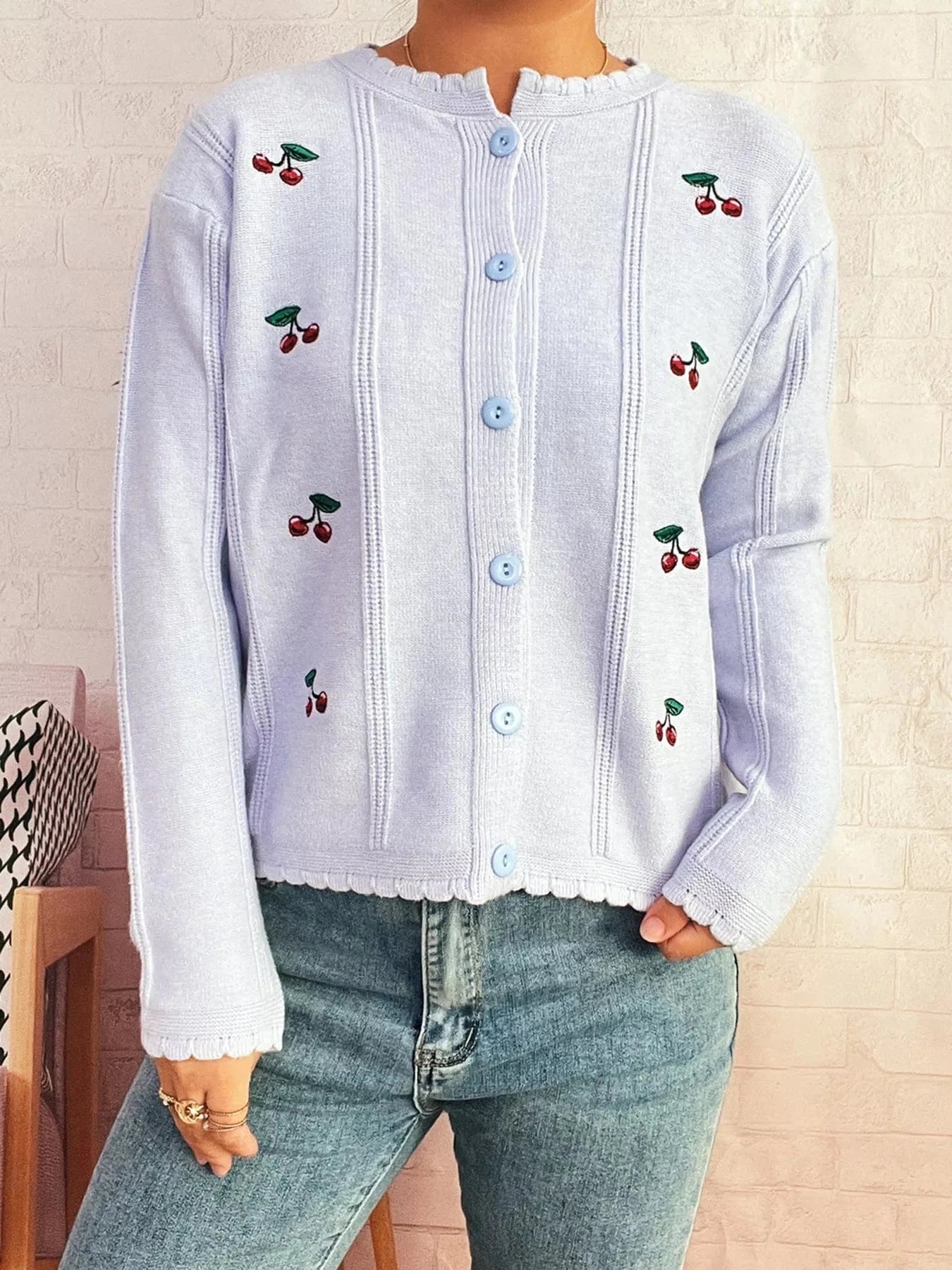 Cherry Embroidered Button Up Cardigan Light Blue One Size - Fashorio