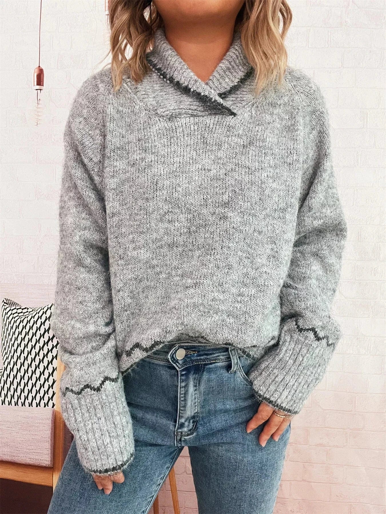 Ribbed Contrast Trim Long Sleeve Sweater Light Gray One Size - Fashorio