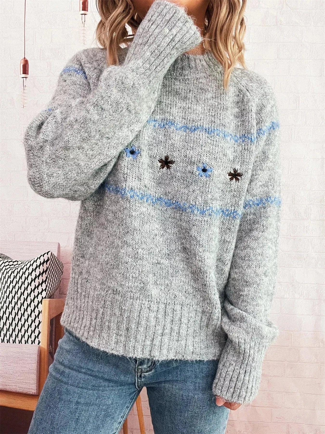 Ribbed Hem Flower Long Sleeve Sweater Light Gray One Size - Fashorio