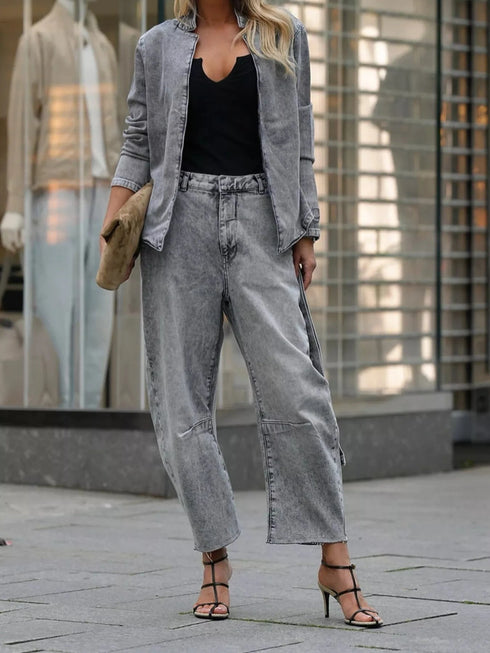 Long Sleeve Top and Wide Leg Jeans Denim Set - Fashorio