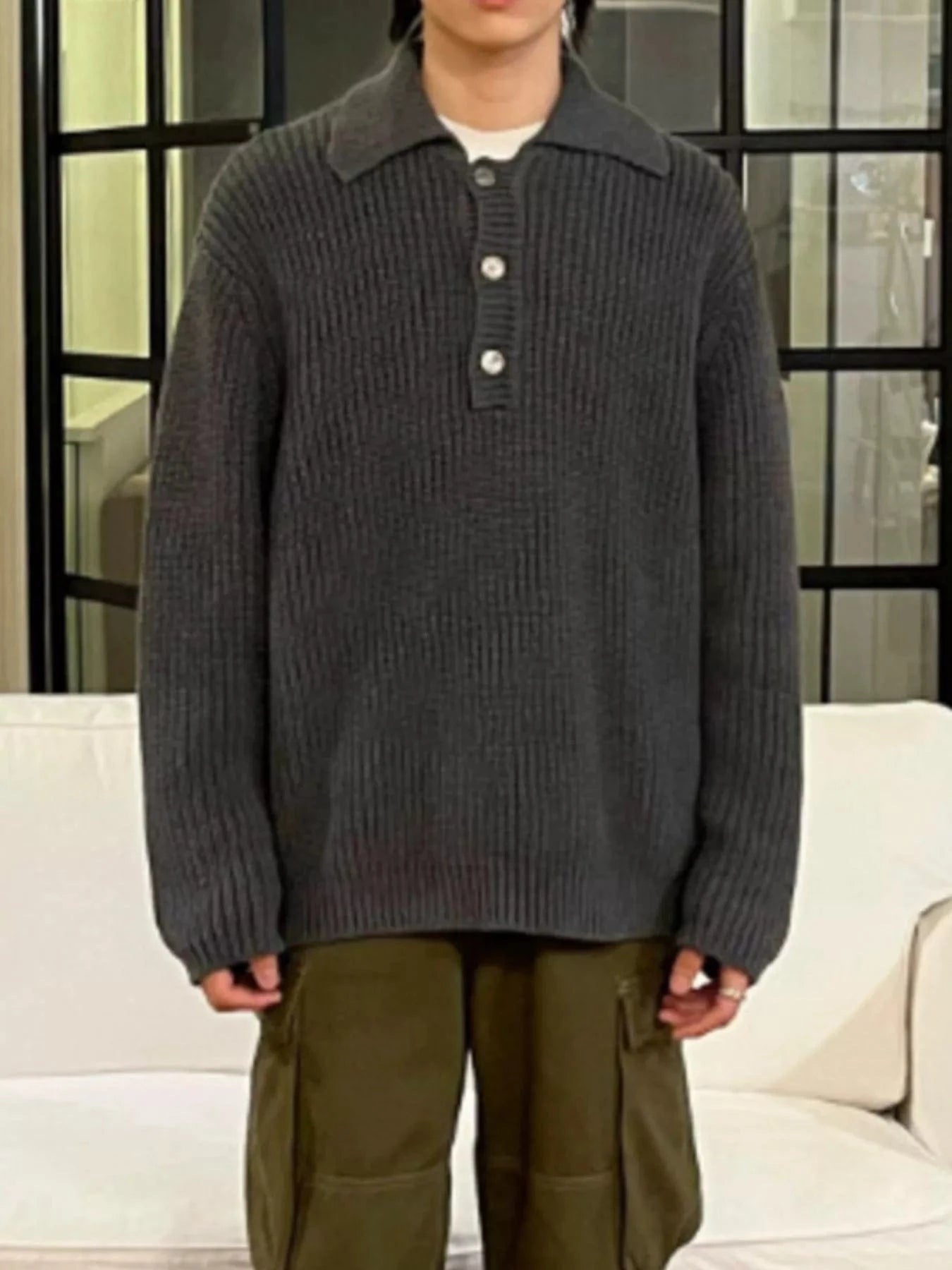 Men's Button Detail Long Sleeve Sweater - Fashorio